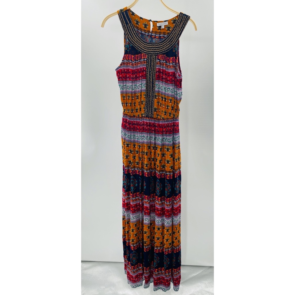 Patrons of Peace Sleeveless Elastic Waist Multicolor Beaded Neckline Maxi Dress - Picture 10 of 12